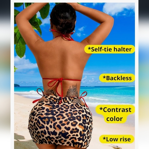 Reversible Leopard and Red 3 Piece Bikini Set NWOT - Picture 3 of 13